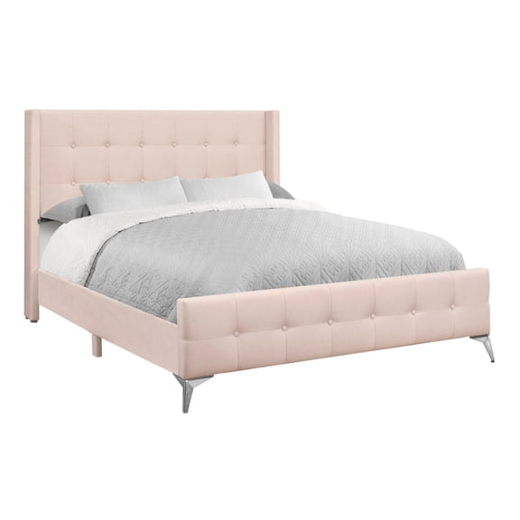 Newboti Furniture Bed, Queen Size, Bedroom, Upholstered, Pink Velvet, Chrome Metal Legs 80142