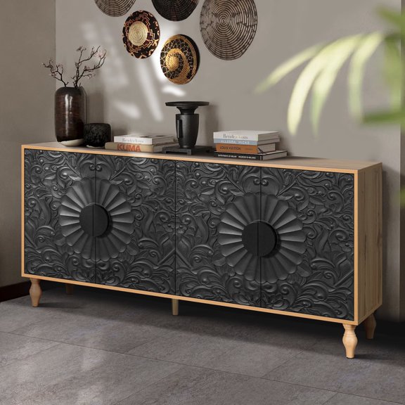 Newboti Furniture Black Carved Symmetrical Design Door And Wood Coloured Frame For TV Stand Table,Living Room,Entryway 92371