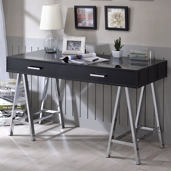 Newboti Furniture Black High Gloss And Chrome 2-Drawer Writing Desk 0920