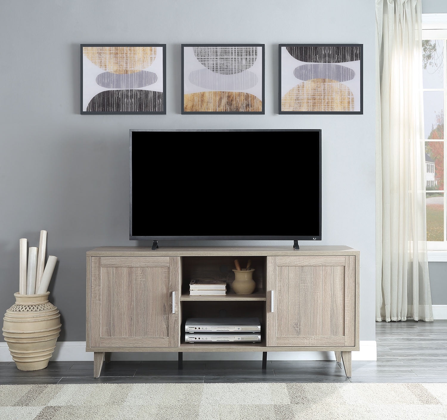 Vintage Stone Wash Grey Mid-Century TV Stand with Cabinet