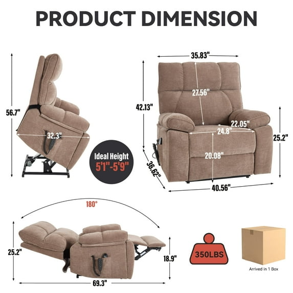 Newboti Furniture Brown Heat Massage Dual Motor Infinite Position Up to 350 LBS Large Electric Power Lift Recliners with Hidden Cup Holders, Power-Remote, Medium-firm and Heavy Duty 71749