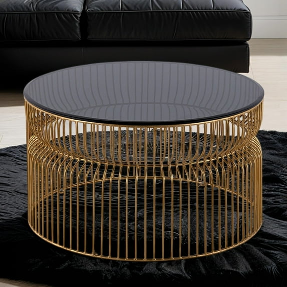 Newboti Furniture CT901 Modern Contemporary Metal Nested base and Tinted tempered glass top material 30" Coffee Table, Round Table for Living room, Gold 55921