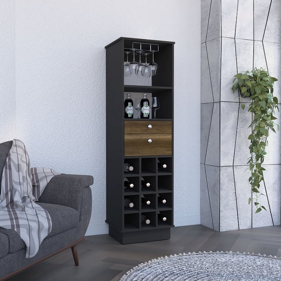 Newboti Furniture Classic Bar Cabinet, Two Drawers, Twelve Built-in Wine Rack-Black / Walnut BN.6276