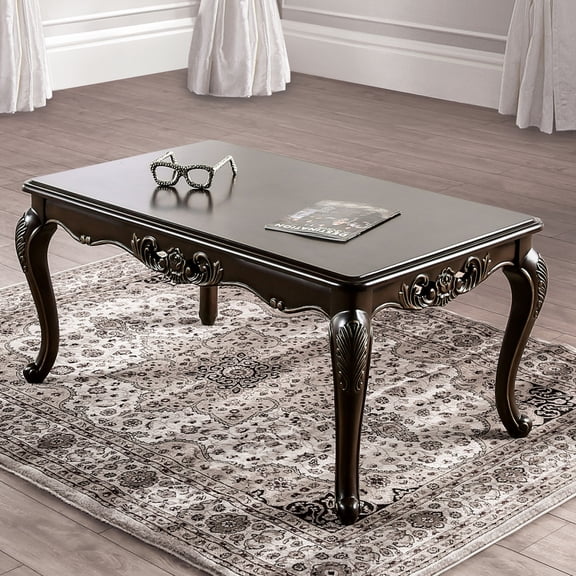 Newboti Furniture Coffee Table Traditional Style With Curved Legs Carved Design Solid Wood Structure Java Finish BN.0419