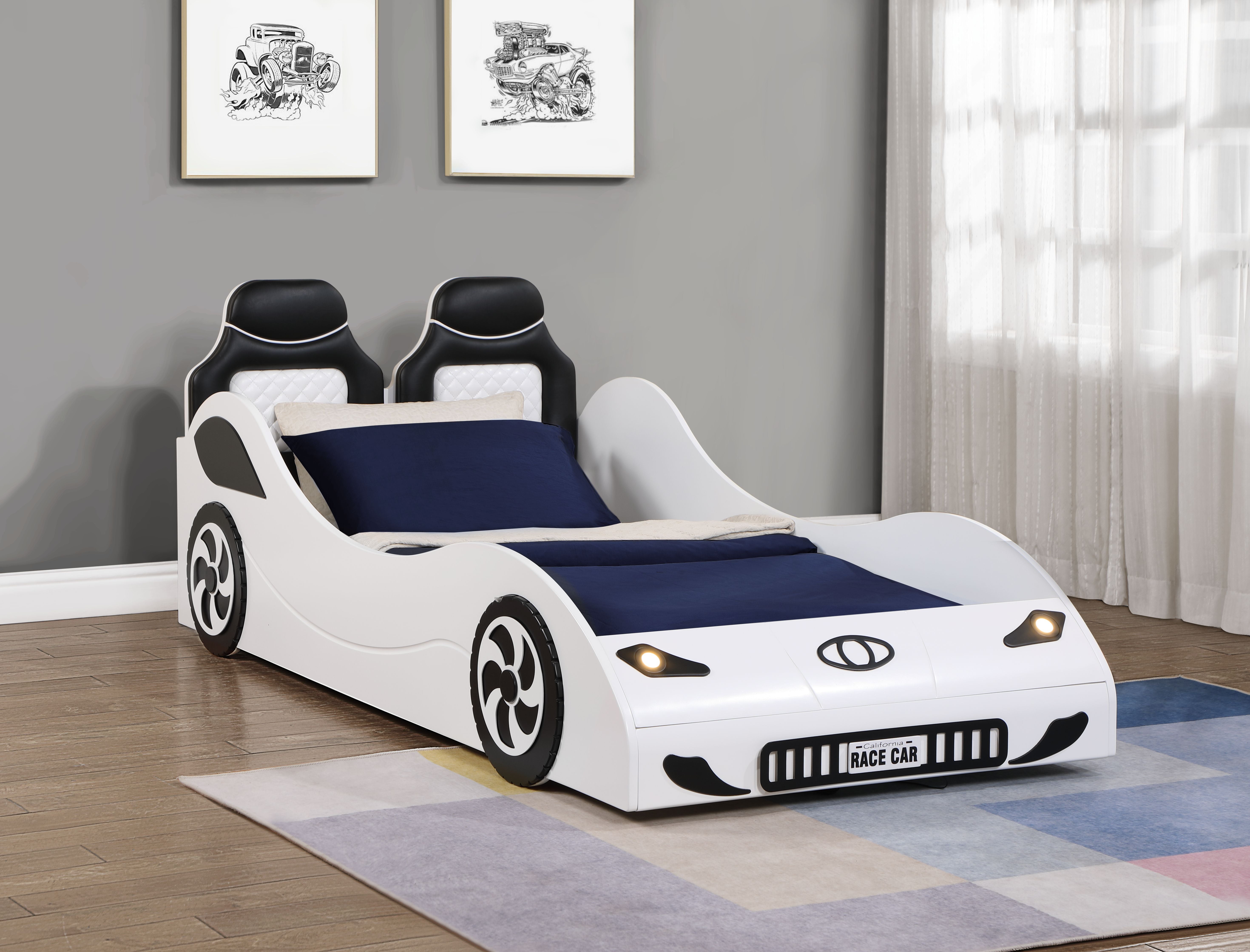 Newboti Furniture Colen White Finish Twin Car Bed With Led 0007