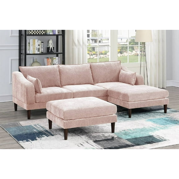 Newboti Furniture Contemporary 5pcs Modular Sectional Set One Arm Chairs Armless Chair Ottomans L-Shaped Sectional Blush Pink Morgan Fabric 16109