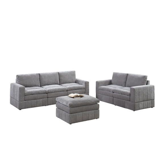 Newboti Furniture Contemporary 6pc Set Modular Sectional Set 4x One Arm Chair / Wedge 1x Armless Chair 1x Ottoman Granite Color Morgan Fabric Plush Living Room Furniture 04916