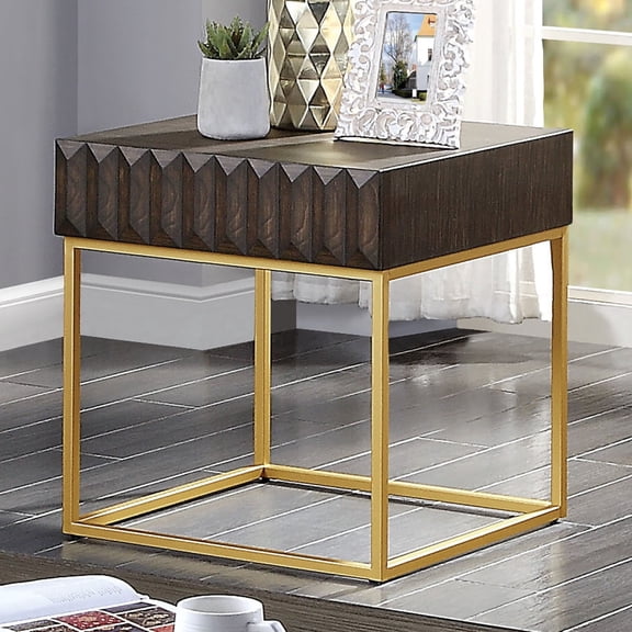Newboti Furniture Contemporary Style End Table Metal Structure Conceal Drawers Gold Steel legs Walnut And Gold Finish Ball Bearing Glides Texture Panel Coffee Table-Not Included BN.9112