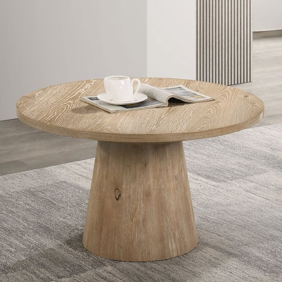 Newboti Furniture Contemporary Style Round Coffee Table With Cone Shape Pedestal Base Rubberwood Structure Oak Finish BN.2494