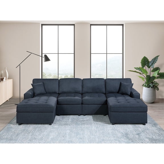 Newboti Furniture Contemporary Style Sectional Sofa Set RAF And LAF Chaise Armless Chairs Dark Blue Color Dorris Fabric Tufted Couch Pillows Living Room BN.4829