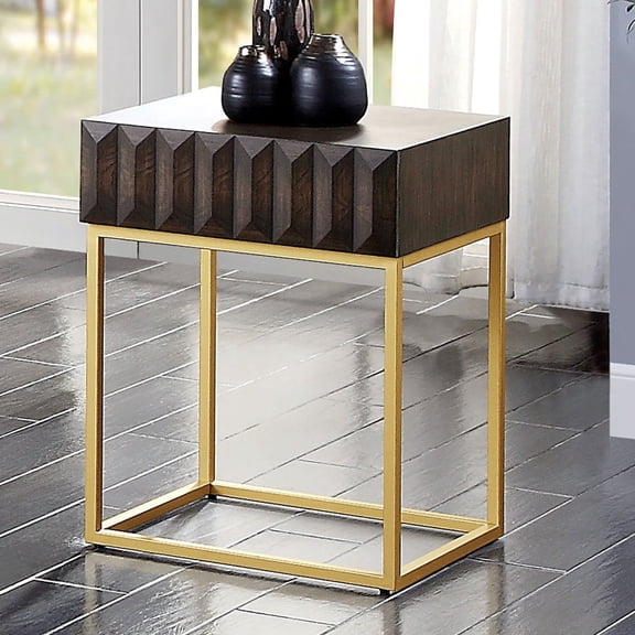 Newboti Furniture Contemporary Style Side Table Metal Structure Conceal Drawers Gold Steel legs Walnut And Gold Finish Ball Bearing Glides Texture Panel Coffee Table-Not Included BN.8222