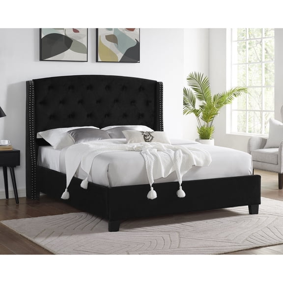 Newboti Furniture Contemporary Style Upholstered Fabric Button Tufting Nailhead Trim Demi-wings Eva Bed Black Finish Wooden Bedroom Furniture NO.72956