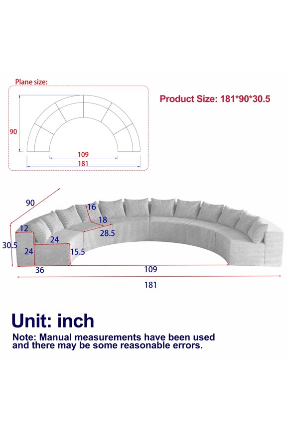 Corduroy Curved Sectional Foam Sofa With 12 Pillows,Curved Symmetrical Modular Semi Circular Sofa Sectional (Six Modules) 87278