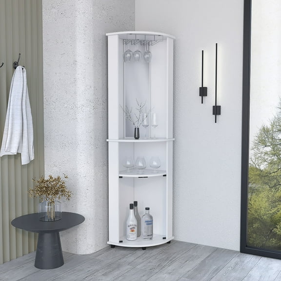 Newboti Furniture Corner Bar Cabinet Unit With Wine Glass Rack And Lower Cabinet, White 2137