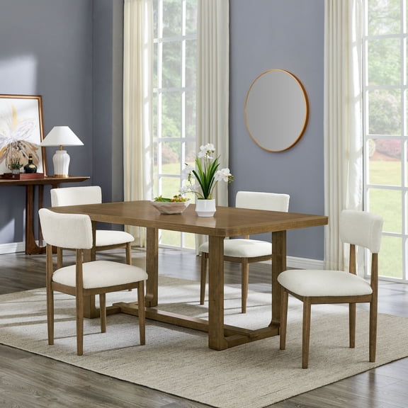 Newboti Furniture Darla 5Pc 72"W Rectangular Walnut Oak Finish Sled Dining Set with Beige Sherpa Fabric Chairs BN.9333