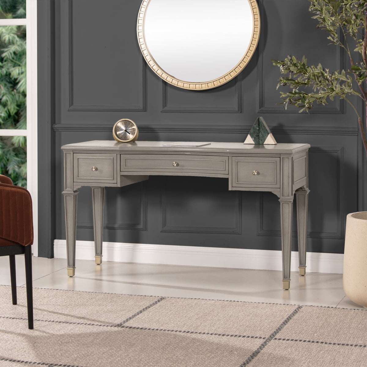 Newboti Furniture Dauphin 55" 3-Drawer Wood Executive Desk Grey Cashmere Rubber Wood & Veneer BN.7752
