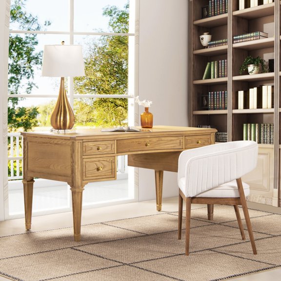 Newboti Furniture Dauphin Gold Accent 5-Drawer Wood Executive Desk Natural Brown Ash Wood & Veneer BN.6498