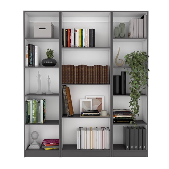 Newboti Furniture Davie 3 Piece Home Bookcase set, 60" Wide with 14 Shelves, Living Room Set Set Matt Gray - White 87346