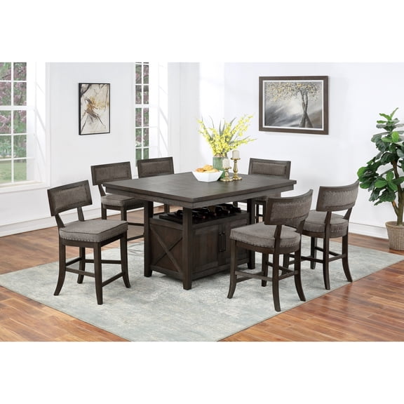 Newboti Furniture Dining Room Furniture Counter Height Dining Table w Butterfly Leaf Rustic Espresso Storage Base 7pc Dining Set 6x High Chairs Unique Design Back BN.1232
