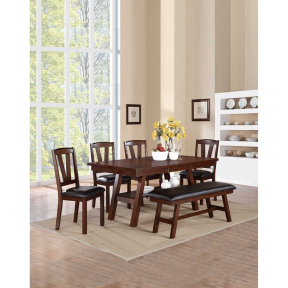 Newboti Furniture Dining Table 4x Side Chairs 1x Bench 6pcs Dining Set Walnut Finish Dining Room Furniture Transitional Style BN.1699