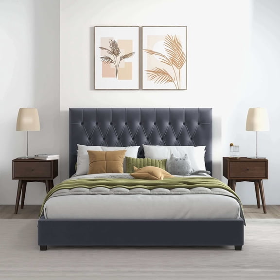 Newboti Furniture Donald Mid Century Modern Grey Velvet Platform Bed King 53232