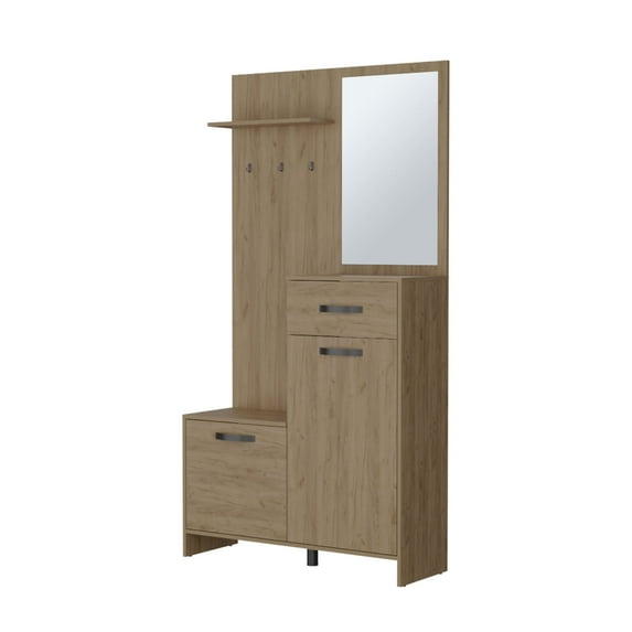 Newboti Furniture Elko Hall Tree Multistorage with a Mirror. Natural Oak 47407