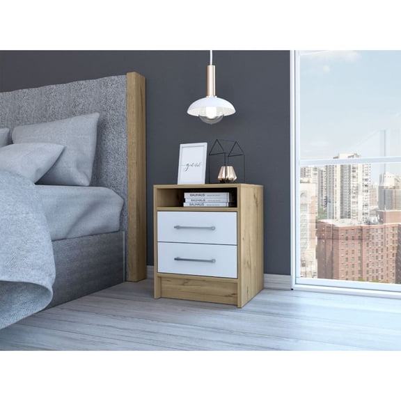 Newboti Furniture Eter Nightstand , End Table, Side Table Superior Top, Two Drawers -White / Light Oak BN.2576
