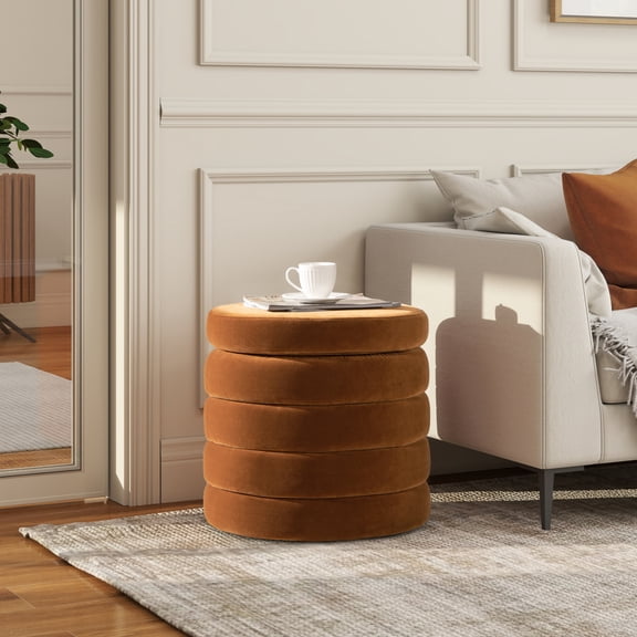 Newboti Furniture Fuji 19" Oversized Round Storage Ottoman, Burnt Orange Performance Velvet BN.6463