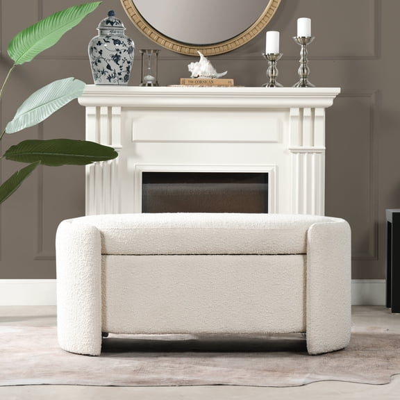 Newboti Furniture Fuji 43" Upholstered Oval Storage Bench, Ivory White Boucle 3846