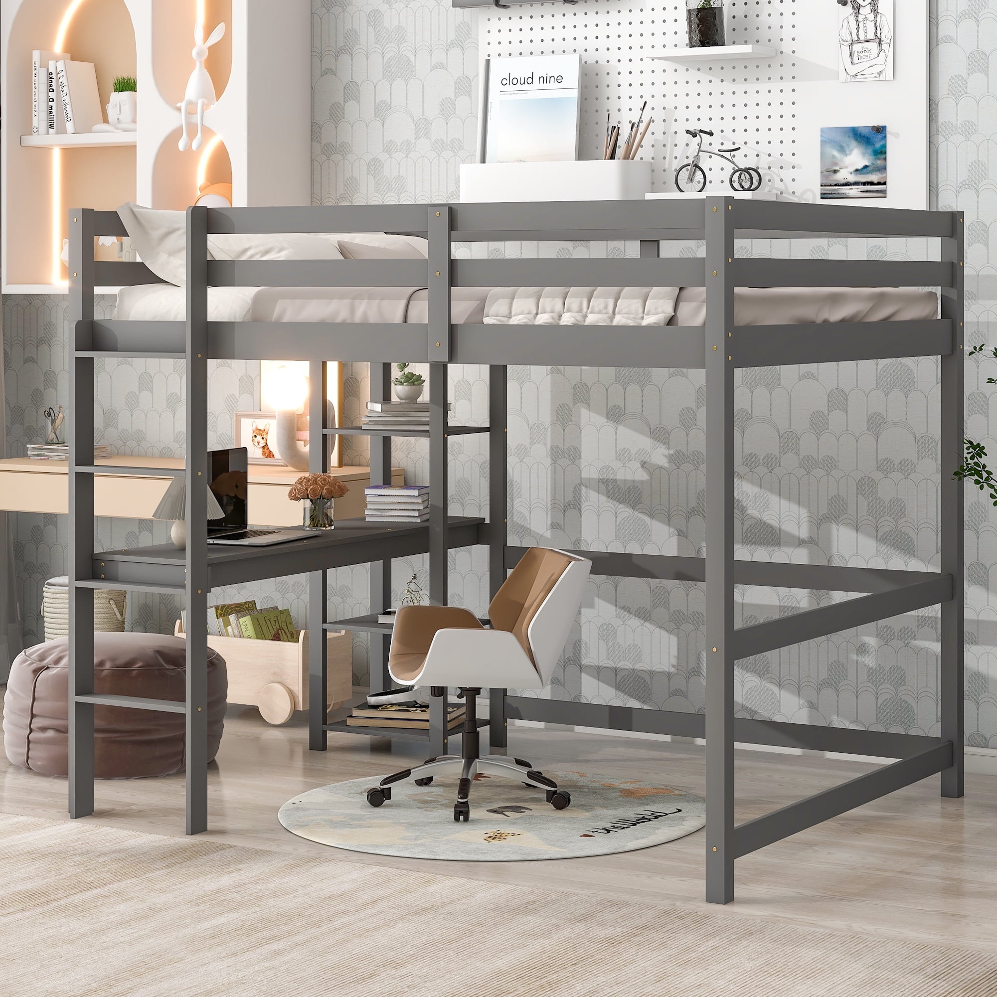 Newboti Furniture Full Loft Bed with Desk, Shelves and Ladder, Grey NO.40719