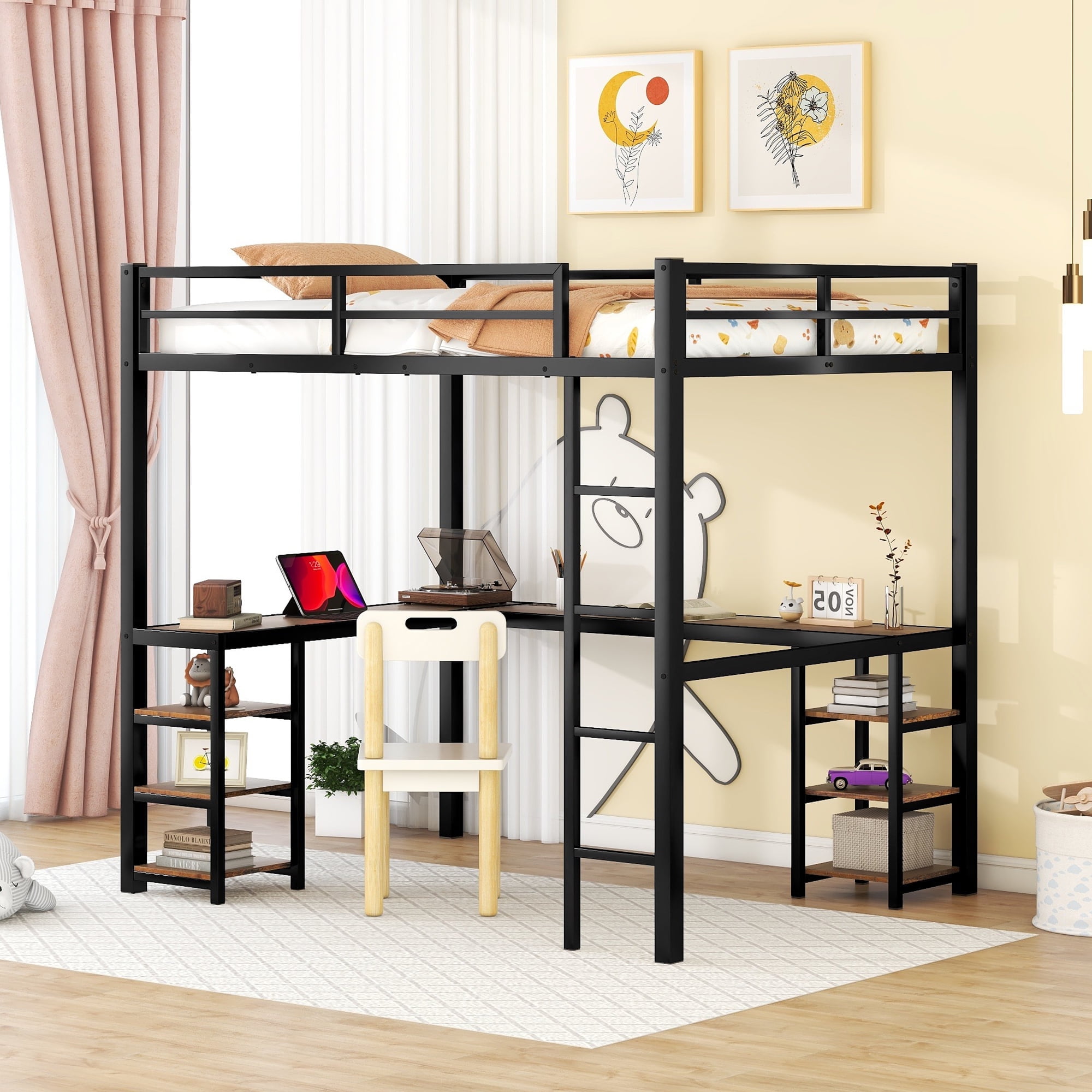 Newboti Furniture Full Metal Loft Bed With Desk And Shelves, Loft Bed ...