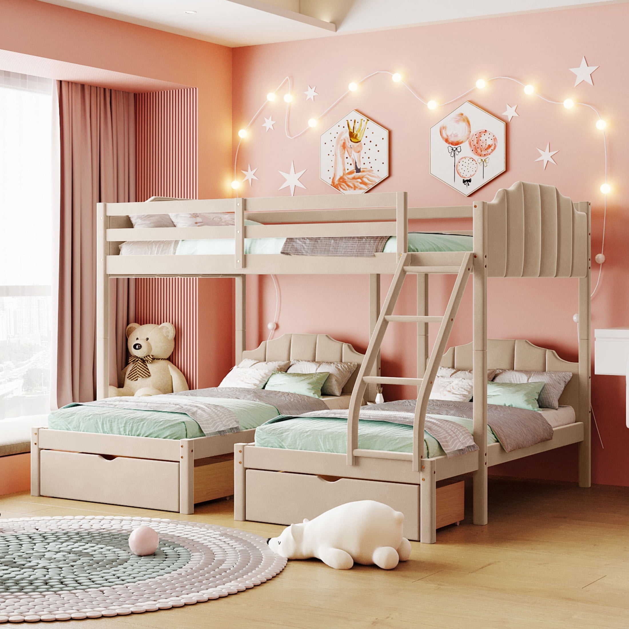 Newboti Furniture Full Over Twin & Twin Bunk Bed, Velvet Triple Bunk