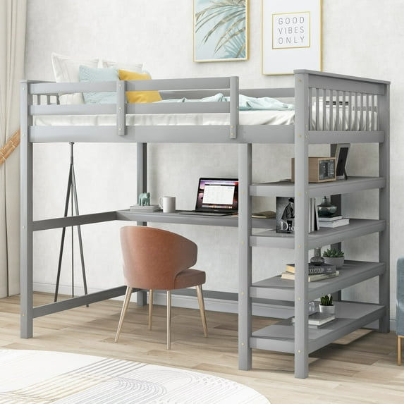Newboti Furniture Full Size Loft Bed with Storage Shelves and Under-bed Desk, Gray NO.41976