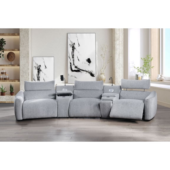 Newboti Furniture Fullar Modular Power Motion Sectional Sofa with Console, 2 Wireless Chargers, 4 Cupholders, and 2 Speakers, 1 Phone Holder and 1 Reading Light, Adjustable Headrest BN.5179