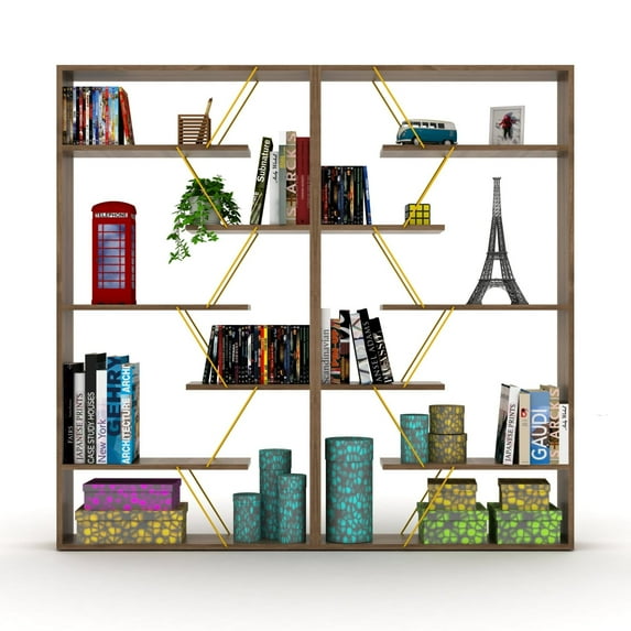 Newboti Furniture Furnish Home Store Wood Frame Etagere Open Back 6 Shelves Bookcase Industrial Bookshelf for Office and Living Rooms Modern Bookcases Large Bookshelf Organizer, Walnut/Yellow 12836