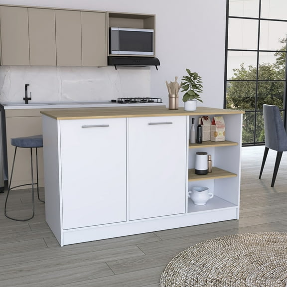 Newboti Furniture Ginger Kitchen Island, Three Open Shelves, Two Cabinets White - Natural Oak 0039