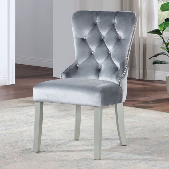 Newboti Furniture Glam Dark Gray Flannelette 2pcs Side Chairs Acrylic Tufted Upholstered Dining Chairs Wingback Design 92791