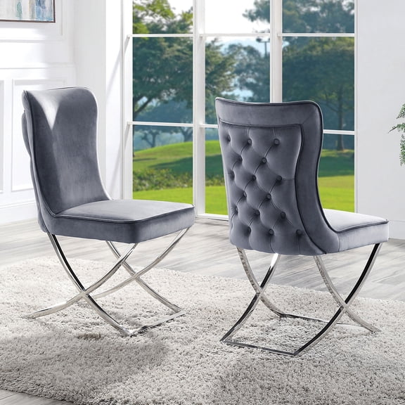 Newboti Furniture Glam Gray Velvet 2Pcs Side Chairs Button-Tufted Chrome Frame Upholstered Dining Chairs Furniture Set 0897