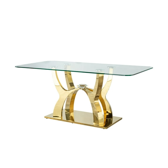 Newboti Furniture Gold Stainless Steel Dining Table 70.08 Inch Tempered Glass Top 40761