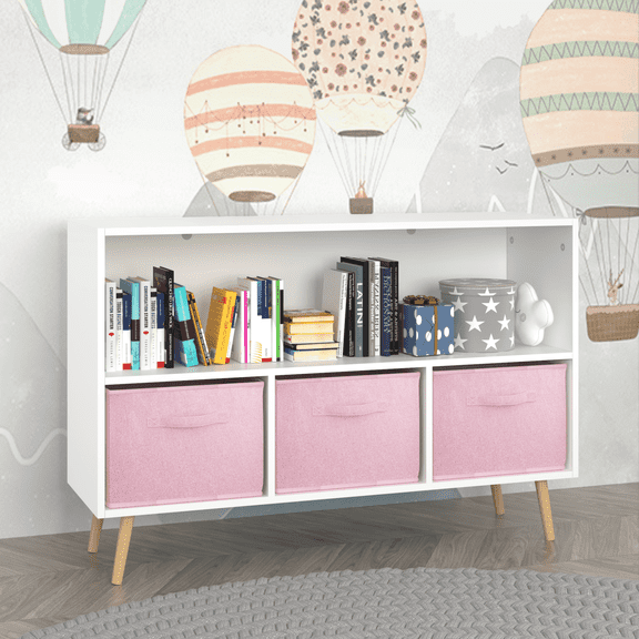 Newboti Furniture Kids bookcase with Collapsible Fabric Drawers, Children's Book Display, Toy Storage Cabinet Organizer, White/Pink 22184