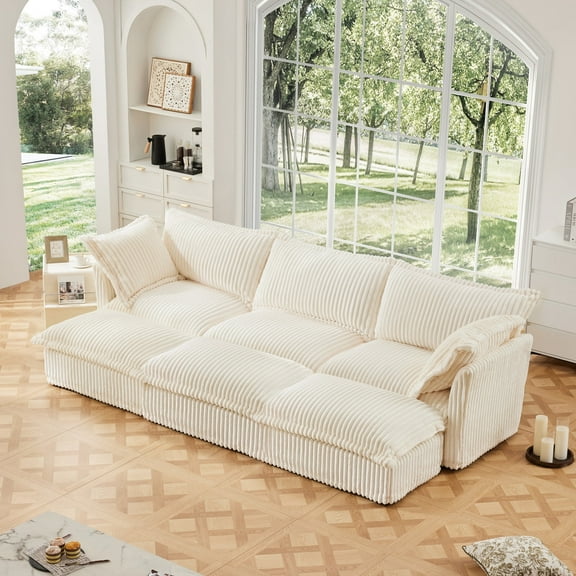 Newboti Furniture Living Room Sofa Slipcovered Sofa 3 Seater Sofa With 3 Ottomans, Oversized 3-Seat Sleeper Sofa Bed Home Theater Sofa, Corduroy, Cream 35896