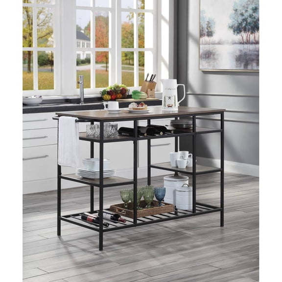 Newboti Furniture Lona Rustic Oak & Black Finish Kitchen Island BN.5851