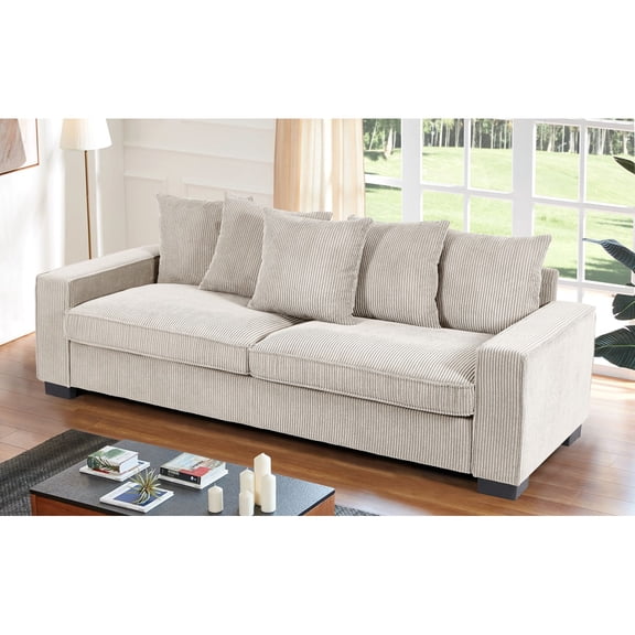 Newboti Furniture Luxe Corduroy Sofa with 5 Matching Toss Pillows, Sleek Design, Spacious and Comfortable 3 Seater Couch for Modern Living Room, Large, Ivory BN.5721