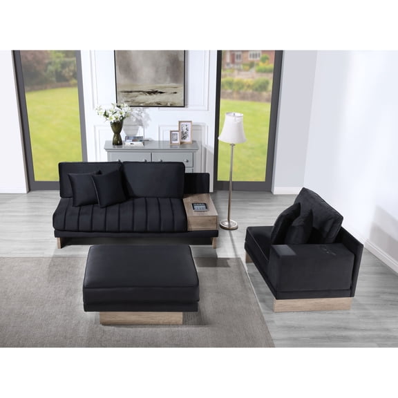 Newboti Furniture Memphis 122.5"W Black Velvet Reversible Sectional Sofa Ottoman with Storage Compartment, Drawer, USB ports, Charging Outlets 20800