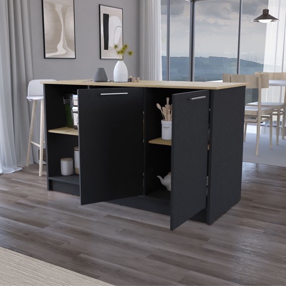 Newboti Furniture Mercury Kitchen Island with spacious Countertop, Double Door Cabinets, and 2 Open Storage Shelves 08733