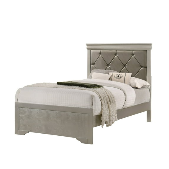 Newboti Furniture Modern Beige Champagne Finish Twin Size Panel Youth Bed Wooden Crocodile Texture PU Upholstered Headboard Crystal-Like Button Tufted Fabric Bedroom Furniture NO.87639