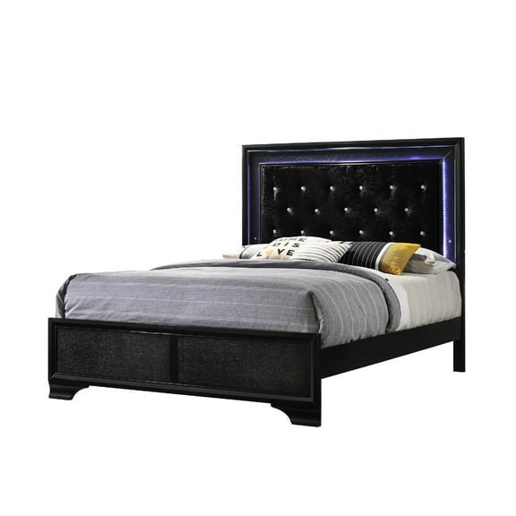 Newboti Furniture Modern Black Finish Upholstered Full Size LED Panel Bed Faux Diamond Tufted Bedroom Furniture NO.58745