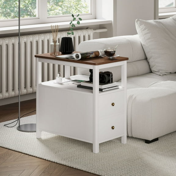 Newboti Furniture Modern End Table with Charging Station and USB Ports, Narrow Side Table with Drawers & Shelf for Living Room, White 21368