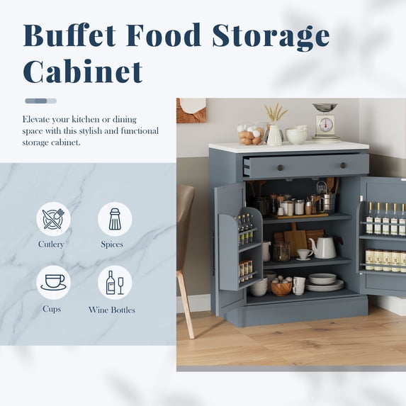 Newboti Furniture Modern Freestanding Kitchen Pantry,Buffet Food Storage, Coffee Bar Cabinet with Drawer, 2 Adjustable Shelves and 2 Door Shelves for Dining, Kitchen, Set of 2, Gray 35349