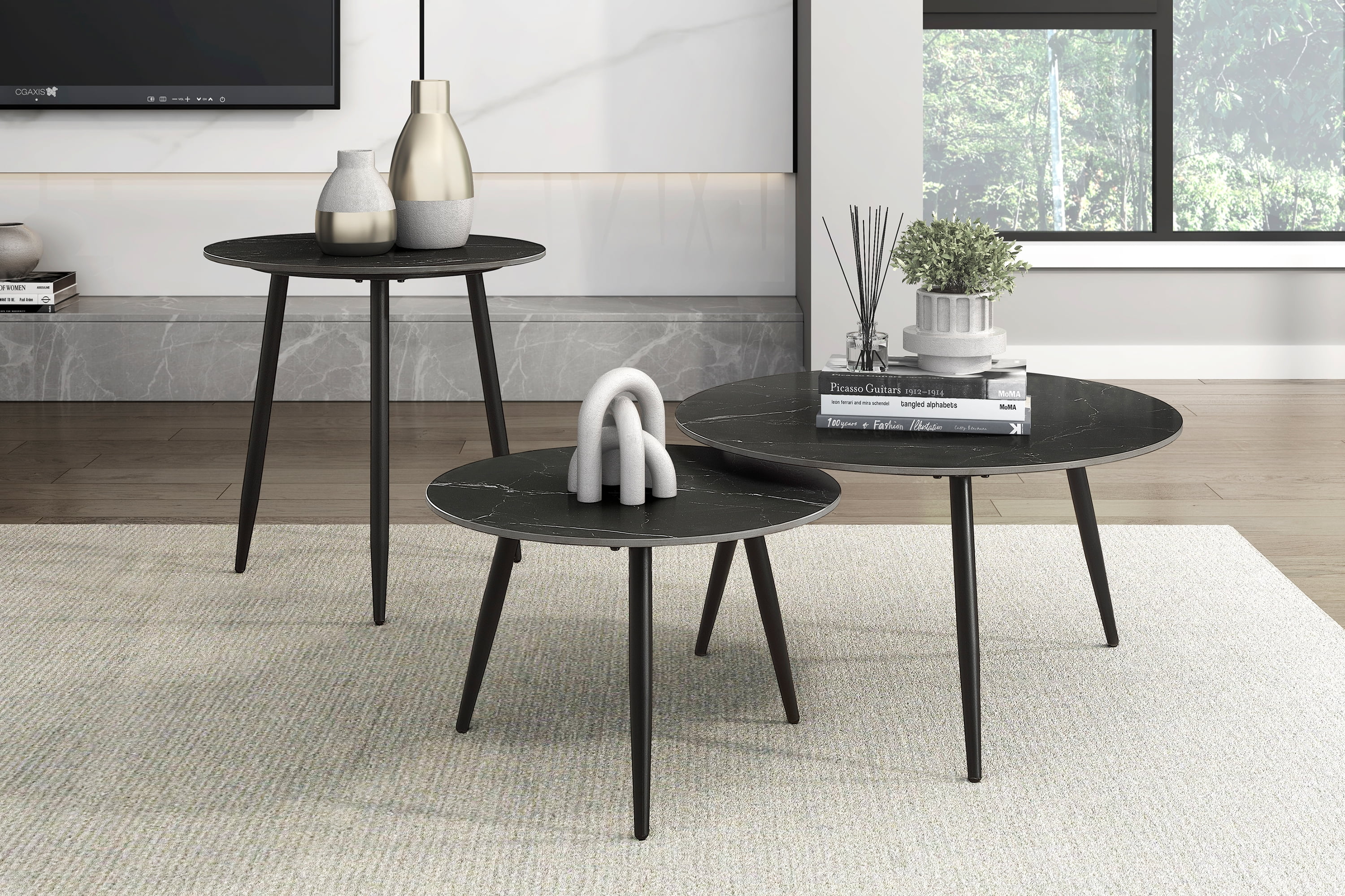 Black Sintered Stone and Metal 3-Piece Nesting Table Set